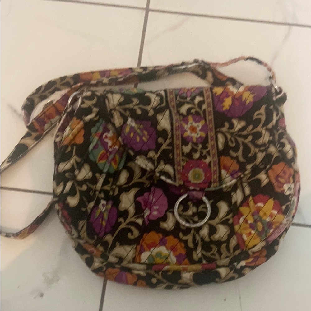 Vera Bradley Black and Purple Crossbody Bag with Quilted Floral Design